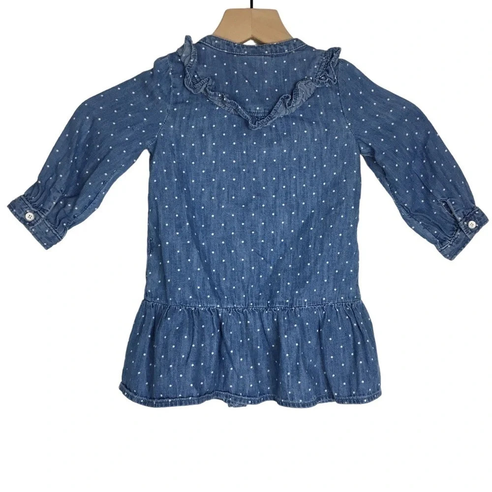 GAP Baby Polka Dot Chambray Dress Ruffle Long Sleeve Button Front Denim Size 2T